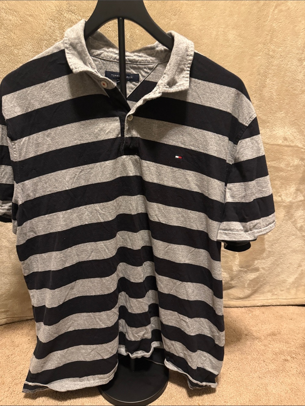Tommy Hilfiger Men’s Navy and Gray Horizontal Stripe Polo